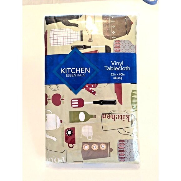 Cooking Utensils Vinyl Tablecloth Flannel Backing Retro KItchen Tools 52 X 90-in - Picture 2 of 4